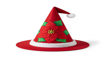 Festive santa hat with poinsettia isolated on white background