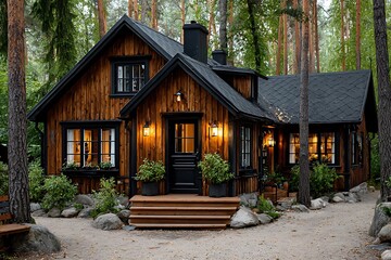 Rustic wooden cabin with black accents nestled in a forest wooden house trees