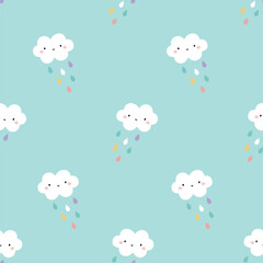 Cute Seamless Pattern with Kawaii Cartoon Clouds Raindrops. adorable clouds with colorful raindrops on a pastel blue background.Perfect for kids fabric, nursery wallpaper, baby shower,wrapping paper, 