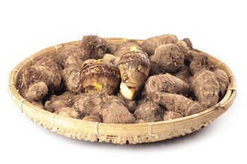 Fresh Taro Roots in Bamboo Basket - Asian Cooking Ingredient from Shandong China