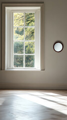 Bright and airy interior with a large window and round mirror reflecting greenery outside