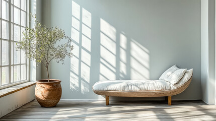 Cozy interior with a minimalist wooden chaise lounge and a potted olive tree in soft natural light