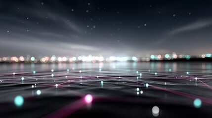 Abstract Digital Network Landscape with Glowing Nodes and Stars on Dark Night Background