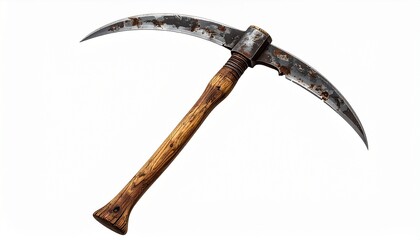 Obraz premium Render a pickaxe with a weathered metal head and smooth wooden handle, isolated on a clean background to emphasize durability, manual labor, and historical mining craftsmanship.
