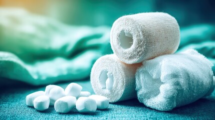 Medical Bandages and Cotton Balls on a Soft Green Surface