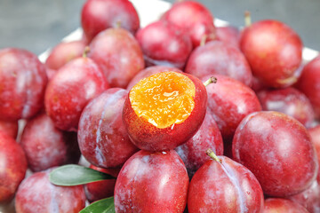 Fresh Red Plums with Golden Flesh Cut Open Healthy Organic Stone Fruit