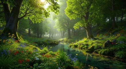 Obraz premium A serene forest scene with a stream flowing through a lush green landscape, illuminated by a soft, natural light.