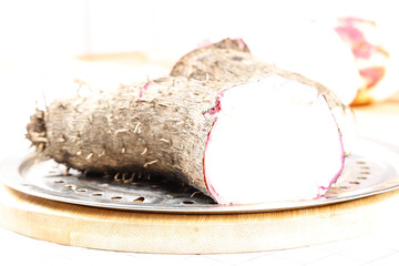 Fresh Purple Yam Root Vegetable Cut Revealed White Flesh Healthy Organic Tuber Ingredient