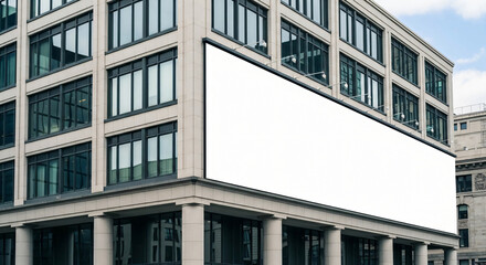 Blank Billboard on Modern Building Facade, City Advertising Space