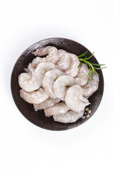 Fresh Raw Shrimp in Bowl with Herbs - Seafood Cooking Ingredients
