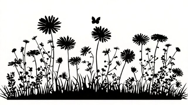 Black silhouette flowers and grass