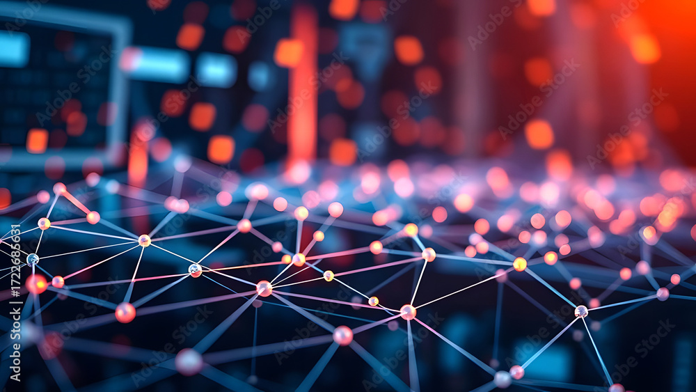 Poster abstract wave with moving dots and lines. flow of particles. cyber futuristic technology background.