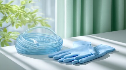 Medical Equipment and Supplies with Blue Gloves and Tubing