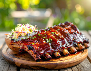 Grilled rack of BBQ pork ribs with a delicious sauce, served with coleslaw on a rustic wooden table outdoors.