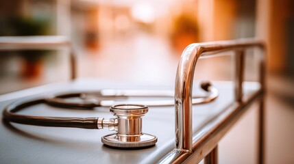 Medical Equipment Close-Up of Stethoscope on Hospital Bed Cart