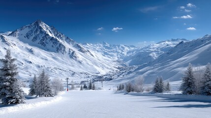 Snow Covered Mountain Range Under Bright Blue Sky In Winter Landscape With Pine Trees And Ski Slope Runs Under Daylight