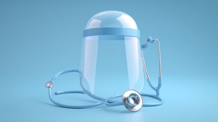 Medical Equipment Display with Stethoscope and Face Shield on Blue Background
