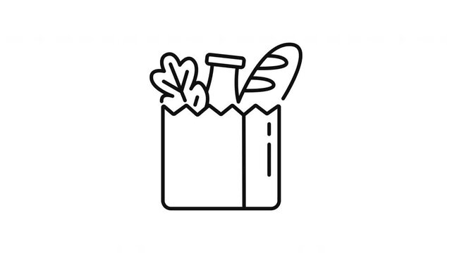 Grocery bag icon animation with groceries such as bread, milk, water, vegetables. Animated grocery bag icon outline