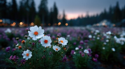 Field of Blooming Cosmos Flowers at Dusk with Bokeh Lights