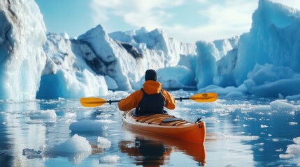 Man kayaking between icebergs in cold arctic water under bright blue sky adventure travel nature scene