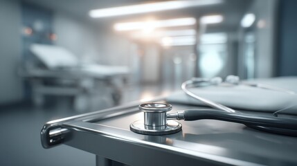 Medical Equipment in Modern Hospital with Stethoscope and Room Background