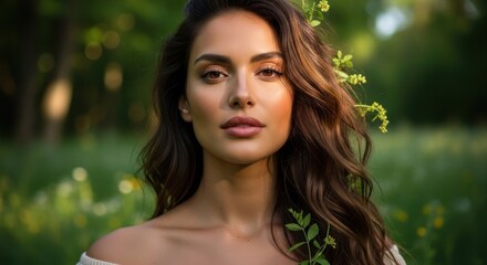 Naklejka premium A woman with long, wavy brown hair, wearing a white top, standing in a lush green field with yellow flowers.
