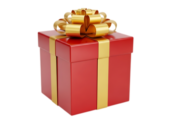 Illustration of a bright red gift box with a gold ribbon and bow, isolated on a transparent background, perfect for celebrations and special occasions on transparent background