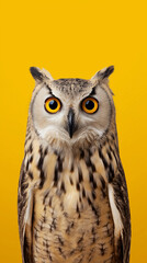 Obraz premium Close-up portrait of an owl with bright yellow eyes on solid yellow background. 