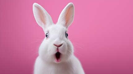 White rabbit with surprised expression on pink background. 
