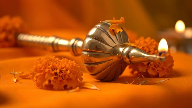Sacred silver gada of lord hanuman adorned with marigold flowers and lit oil lamp for auspicious jayanti celebrations