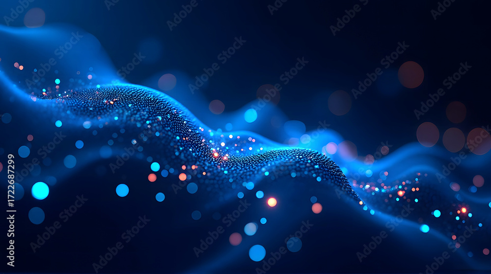 Poster abstract composition of glowing dots and wave curved lines symbolizing data transmission, network an