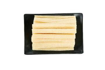 Handmade Dried Henan Cow Tendon Noodles on Black Plate - Traditional Chinese Pasta Ingredient