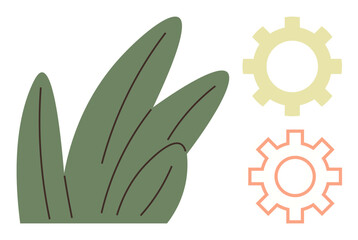 Green leaves paired with yellow and orange gears. Ideal for sustainability, innovation, eco-technology, growth, collaboration, industry, progress. A modern simple flat metaphor