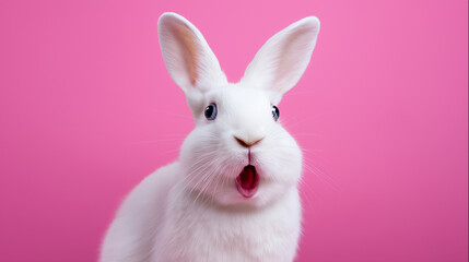 White rabbit with surprised expression on pink background. 

