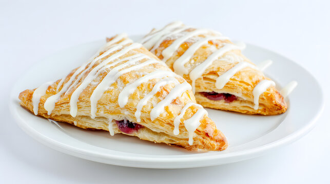Delicious Cherry Turnovers with Icing Drizzle on Flaky Puff Pastry Served on White Plate