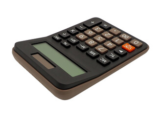 Close up, single small black plastic digital calculator, electronic office supplies for used to calculate numbers in economics, mathematics and business, isolated on transparent background.