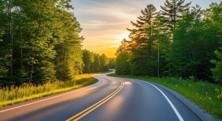 Fototapeta premium A winding road through a forest with a sunset in the background.