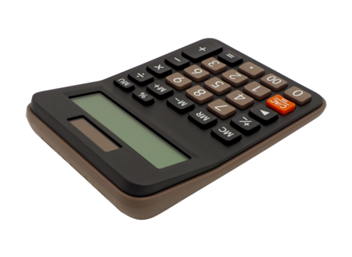 Close up, single small black plastic digital calculator, electronic office supplies for used to calculate numbers in economics, mathematics and business, isolated on transparent background.