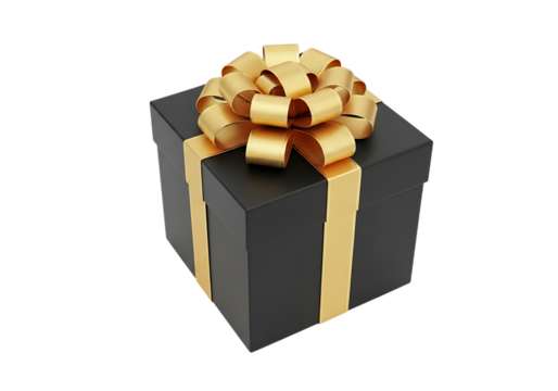 Illustration of black gift box with gold ribbon isolated on transparent background on transparent background