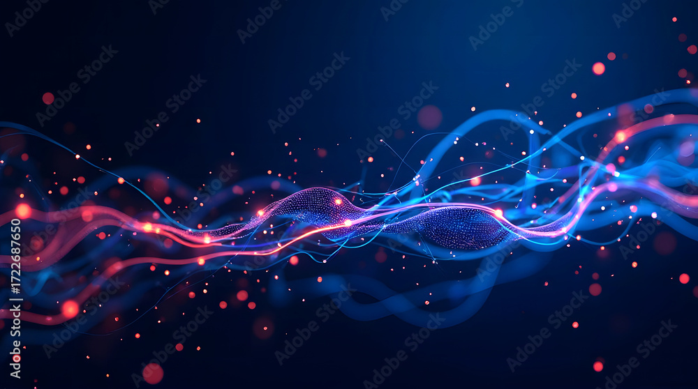 Poster abstract composition of glowing dots and wave curved lines symbolizing data transmission, network an