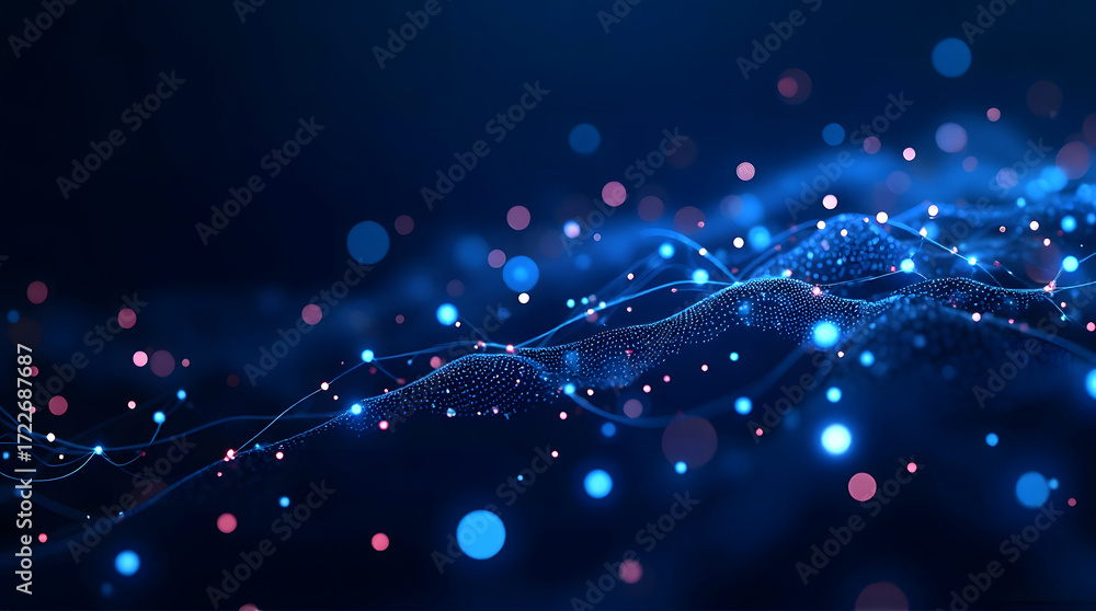 Poster abstract composition of glowing dots and wave curved lines symbolizing data transmission, network an