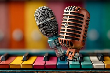 Vintage microphones on colorful piano keys keyboard music