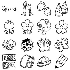手描き線画のかわいい春のイラスト素材セット