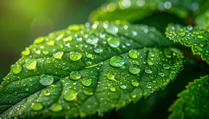 A close-up of dewdrops on fresh green leaves, macro ultra-HD detail