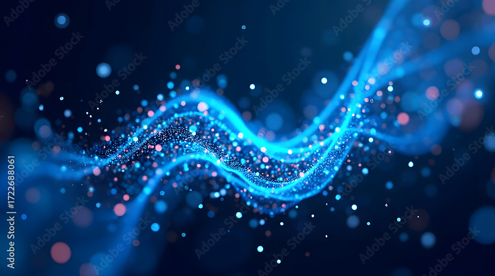 Poster abstract composition of glowing dots and wave curved lines symbolizing data transmission, network an