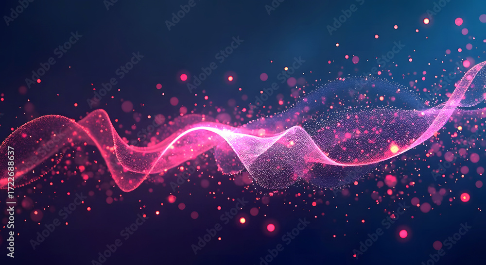 Poster abstract composition of glowing dots and wave curved lines symbolizing data transmission, network an