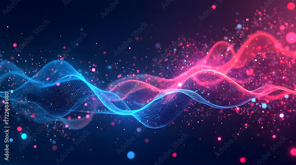 Poster abstract composition of glowing dots and wave curved lines symbolizing data transmission, network an