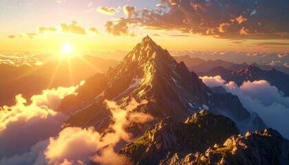 Majestic mountain peak at sunset, shrouded in clouds