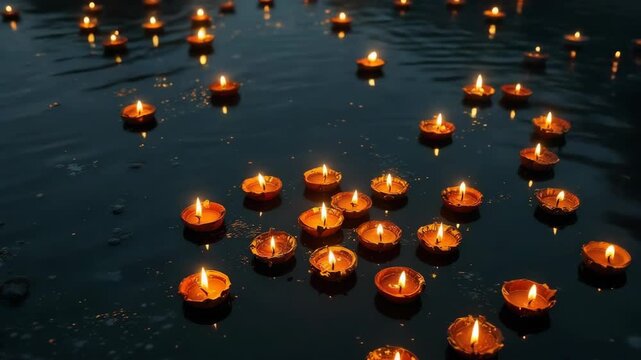 Hundreds of illuminated diyas floating on dark water surface during dev deepavali festival in varanasi celebrating spirituality and tradition and kartik purnima guru nanak jayanti
