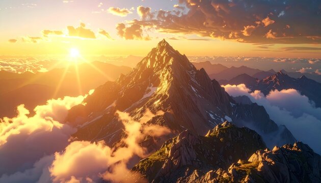 Majestic mountain peak at sunset, shrouded in clouds